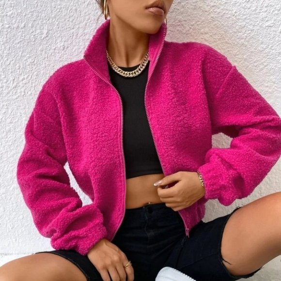 . Jackets & Blazers - Zip Up Faux fur Fleece Crop Jacket Coat Hot Pink